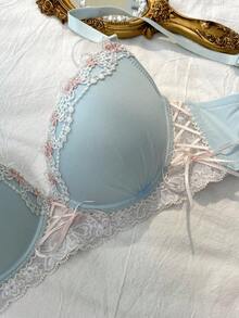 DelicateAllure 3/4 罩杯聚拢塑形透视刺绣交叉文胸，可爱纯真风格，浅紫色和粉色 - 淡紫色 - 查看 3