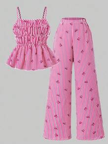 Sparklyn 女童条纹蝴蝶结吊带背心和直筒裤夏季度假装 - 紅色 - 查看 3