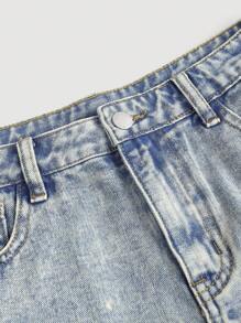 SHEIN Teen Girl Y2K Blue Denim Shorts,Summer Streetwear Vintage Washed Low Waist Ripped Baggy Jeans With Raw Hem,Holiday Casual 2000s Back To School Outfit - Dark Wash - View 5