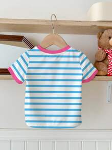 Emery Rose Kids Emery Rose Kids 年轻女孩休闲简约蓝条纹“NEW YORK”英文文字撞色粉色返校学院风圆领短袖T恤适合女孩夏季校服返校服