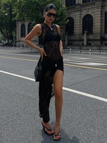 DAZY 畅销性感蕾丝镂空高开衩修身无袖旗袍连衣裙 - 黑色 - 查看 4