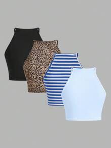 SHEIN EZwear 4 件套女士豹纹、蓝色条纹、纯色浅蓝色、黑色吊带背心上衣，休闲修身，适合夏季 - 彩色 - 查看 4