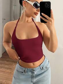 SHEIN ICON Áo ba lỗ cổ yếm ôm sát màu trơn dành cho nữ - Màu Đỏ Sâu - Xem 3