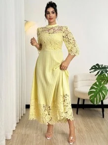 Modelyn Vestido largo de manga larga con parches de bordado de ojal amarillo y talla grande para mujeres - Amarillo - Ver 6