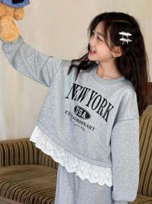 Genkimix Kids 2 件套女童休闲日常运动宽松插肩袖字母印花运动衫，带刺绣饰边和松紧腰阔腿运动裤，返校秋季服装 - 灰色 - 查看 4