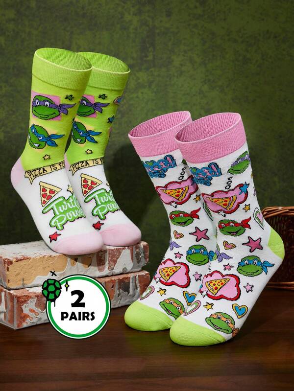 TEENAGE MUTANT NINJA TURTLES X SHEIN 2 pares de calcetines casuales para mujer, suaves y transpirables, que absorben la humedad, de moda y lindos en color rosa y blanco, con refuerzo en los dedos y el talón para mayor durabilidad, para todo el año y a juego con cualquier atuendo