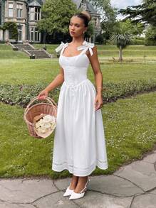 Glamine Váy midi xòe cổ vuông thanh lịch, eo bó, có nơ trang trí - trắng - Xem 5