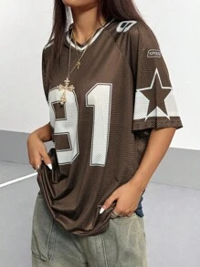 SHEIN PETITE 超大V领字母印花T恤和小码，春夏