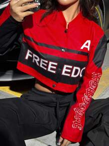 SHEIN Unity Của phụ nữ Ngắn Mát mẻ Xe máy Áo khoác Với In thư Cho mùa xuân Và Mùa hè - Đỏ - Xem 3