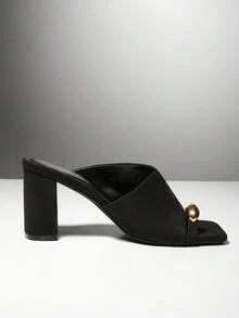 SHUZIA 女士时尚日常百搭踝靴跟一脚蹬凉鞋，配金色趾环 - 黑色 - 查看 5