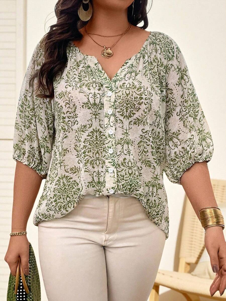 Nubod Plus Size Women's Satin Floral Print Notched Collar Blouse