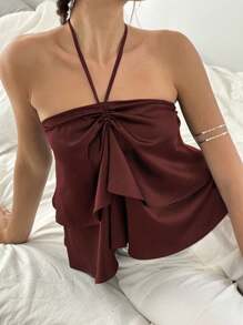 Jouncy 女士休闲纯色露背吊带上衣，夏季 - 酒紅色 - 查看 6