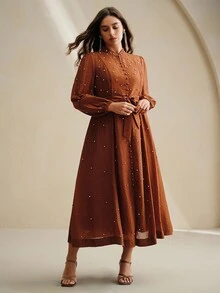 Anewsta Plus Size Women Long Dress With Rhinestone Decor, Elegant And Versatile Formal Dress - Coffee Brown - View 6