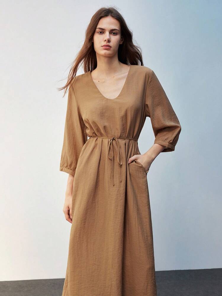 SHEIN Maija Women's Casual Brown U-Neck Loose Comfortable Mid-Sleeve Dress, Simple Stylish For Daily, Work, Belted Waist Long Dress, Suitable For Summer & Autumn Fall Clothes For Women Business Casual Woman Office Outfits For Women Brown Dress