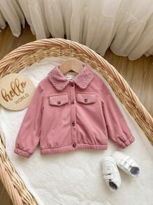 SHEIN Baby Girl Cute Thermal Lined Pink Collar Jacket, Versatile For Autumn/Winter Fall - Pink - View 4