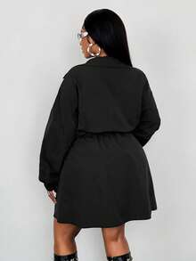 Maweii Damen Große Größen Einfarbiges Langarm Reißverschluss Vorne Kordelzug Taille Lässig Kleid - Schwarz - Übersicht 6