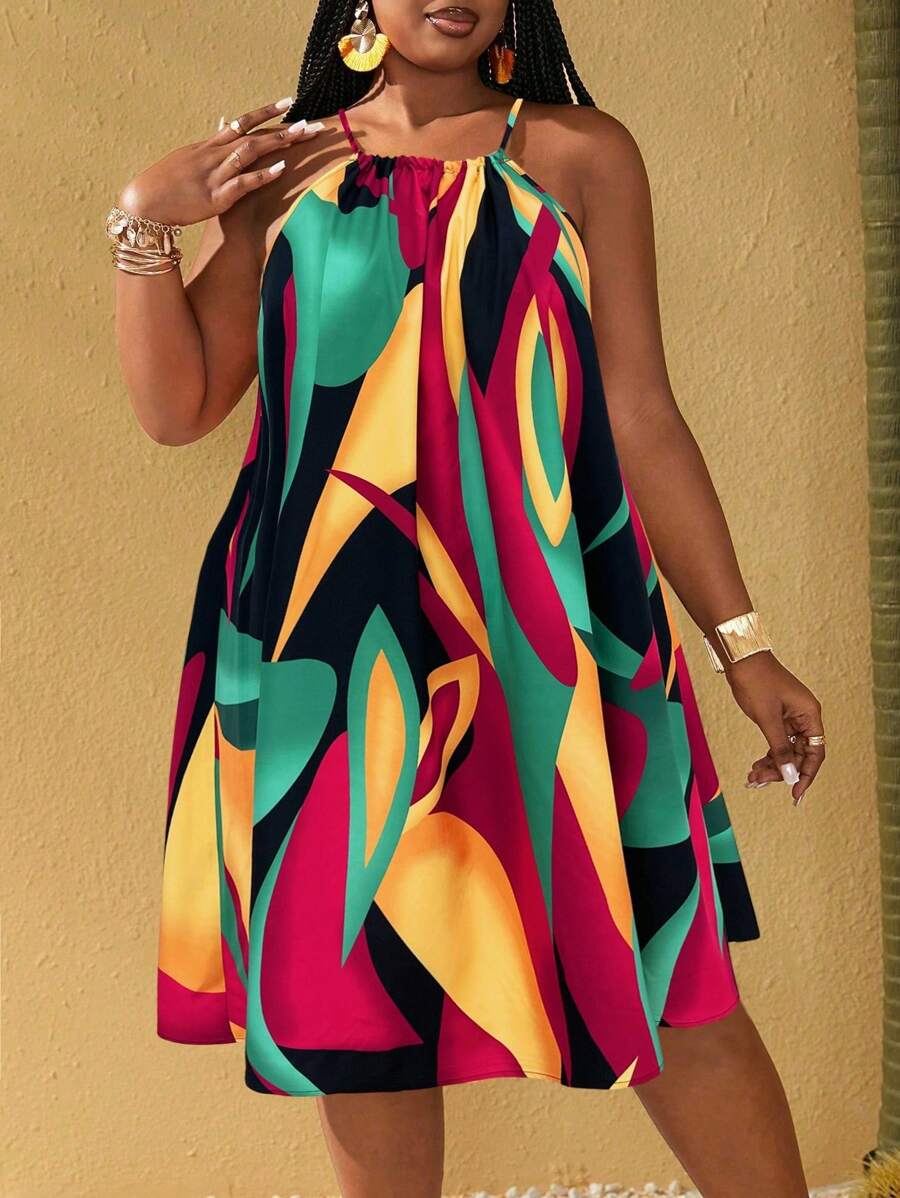 Maweii 大码彩色印花挂脖休闲度假连衣裙