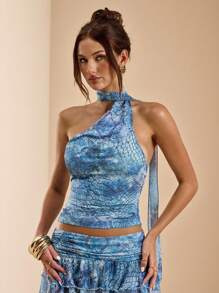 SHEIN BAE 女式纯蓝色动物印花蛇纹性感围巾装饰修身度假背心，适合夏季 - 藍色 - 查看 4