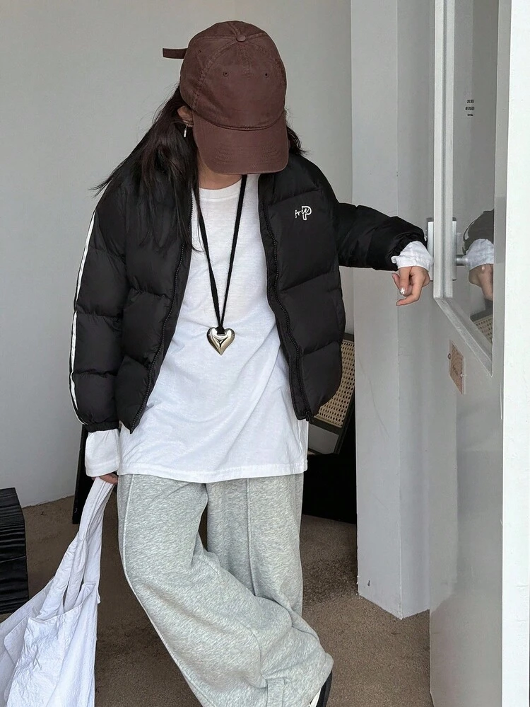 Tween Girls Colorblock Striped Casual Solid Color Padded Coat, Winter