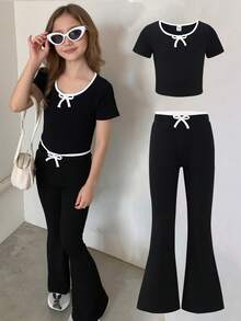Bộ 2 món/Bộ trang phục áo crop top tay ngắn cổ vuông đính nơ màu tương phản cho bé gái tuổi teen và quần ống loe màu đen có cạp chun màu tương phản - màu đen - Xem 3