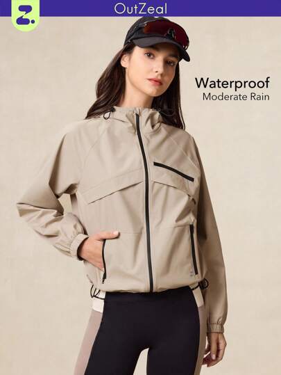 OutZeal 女式防水撞色拉链口袋连帽户外防雨夹克徒步露营