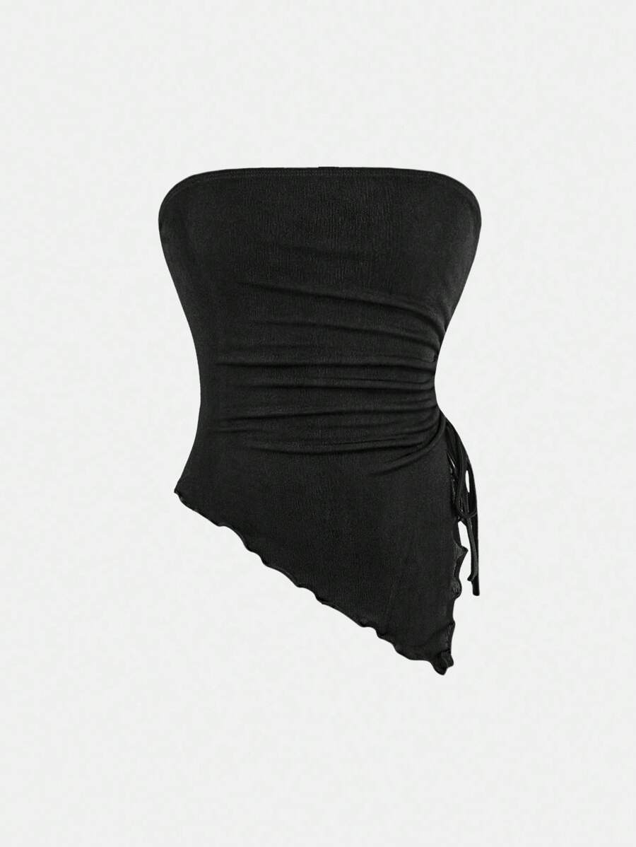 SHEIN Girlism Tween Girls Fitted Casual Sleeveless Asymmetrical Hem Black Tube Top