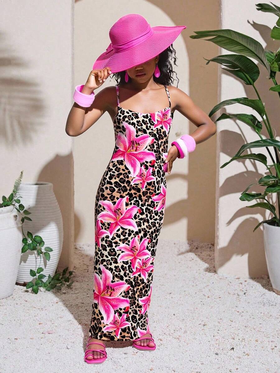 Tween Girl Casual Daily Vacation Leopard Print & Pink Lily Flower Floral Print Fitted Dress - Pink - View 1