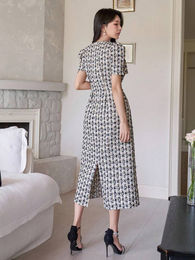 Plaid Textured Round Neck Puff Sleeve Women's Mid-Length Dress Sundress
