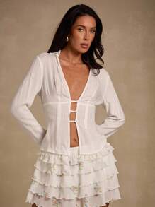 Glamine Blusa de mujer con cuello en V profundo, de moda y sexy, de unicolor - Blanco - Ver 4