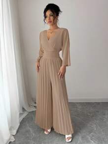 Selianne 女士纯色斜襟V领蝙蝠袖褶皱阔腿优雅连体裤