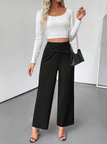 EMERY ROSE 女士优雅通勤休闲黑色装饰纽扣长裤 - 黑色 - 查看 5