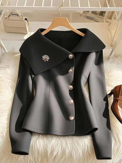 GlowEve Elegant Women's Overcoat With Floral Metal Button Decor And Large Lapel Fall Winter Cloth For Women