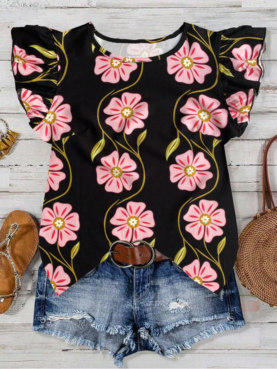 EMERY ROSE 女士休闲粉色印花竹纤维圆领荷叶袖短袖衬衫，春夏款 - 黑色 - 查看 1