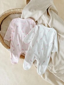 Bộ đồ liền thân dài tay tối giản in họa tiết hoa mềm mại thoải mái cho trẻ sơ sinh - Nhiều màu - Xem 2