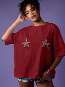 MISSGUIDED Oversized Summer T Shirt With Crystal Starfish Applique Beachwear Resort Casual Elbow Length Sleeves Beach Vacation Top