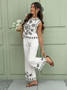 Serisse طقم ملابس علوية وبنطلون بطبعات زهور وهندسية، رقبة دائرية، كاجوال، قطعتين، للعطلات