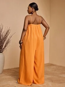 Slaydiva 2025新款独家度假休闲细肩带宽松连体裤，侧开衩，系带 - 橘色 - 查看 3