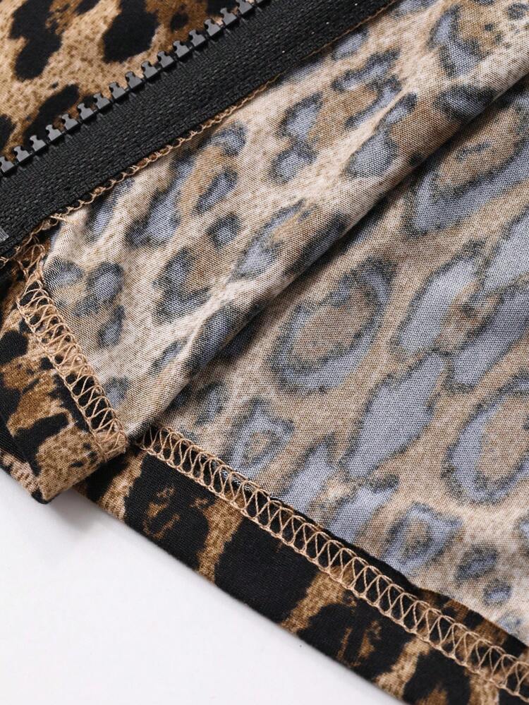 Women's Leopard Print Fitted Zip Front Short Jacket,Fall Women Clothes