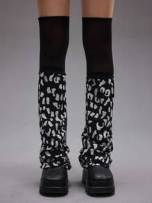 ROMWE Grunge Punk 1 双极简主义 Y2K 豹纹蕾丝暖腿套，过膝暖腿套 - 彩色 - 查看 4