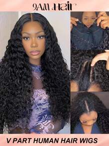 卷曲 V 型假发，真人发，无胶接发，100% 真人发卷曲 V 型假发，无需胶水，无需缝合，升级版 U 型假发，适合初学者，150 密度，12-28 英寸 - Natural Black - 查看 1