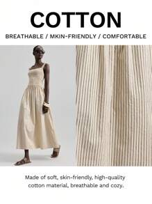 Ontre 2025新款度假风休闲条纹连衣裙，宽松版型，飘逸裙摆，可调节肩带，米色，商务休闲 - 杏色 - 查看 2