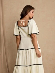 Roveilla 大码女式优雅拼色缎带饰腰中长连衣裙 - 杏色 - 查看 3