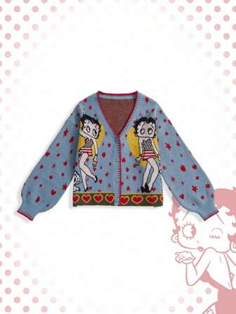 Betty Boop | ROMWE Y2K Heart & Star Cartoon Figure Pattern V-Neck Women Cardigan