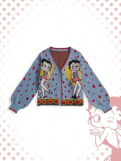 Betty Boop | ROMWE Cárdigan de talla grande con estampado de corazones y estrellas en estilo Y2K
