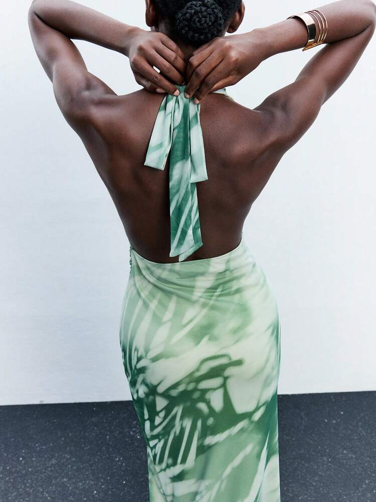 SHEIN Maija Women's Sexy Tie-Dye Twist Open Back Halter Maxi Dress, Bohemian Beach Vacation Elegant Party Dress,, Fall Clothes