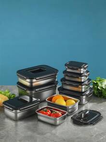 加深型不锈钢午餐盒，长方形，密封，适用于冰箱储存，可用于包装水果、蔬菜和便当盒 - 黑色 - 查看 2
