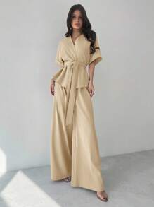 Firerie 女士优雅休闲度假通勤V领宽松收腰衬衫上衣搭配高腰阔腿裤2件套，适合春夏秋季休闲通勤套装宽松套装通勤优雅母亲节教师节工作装 - 卡其色 - 查看 1