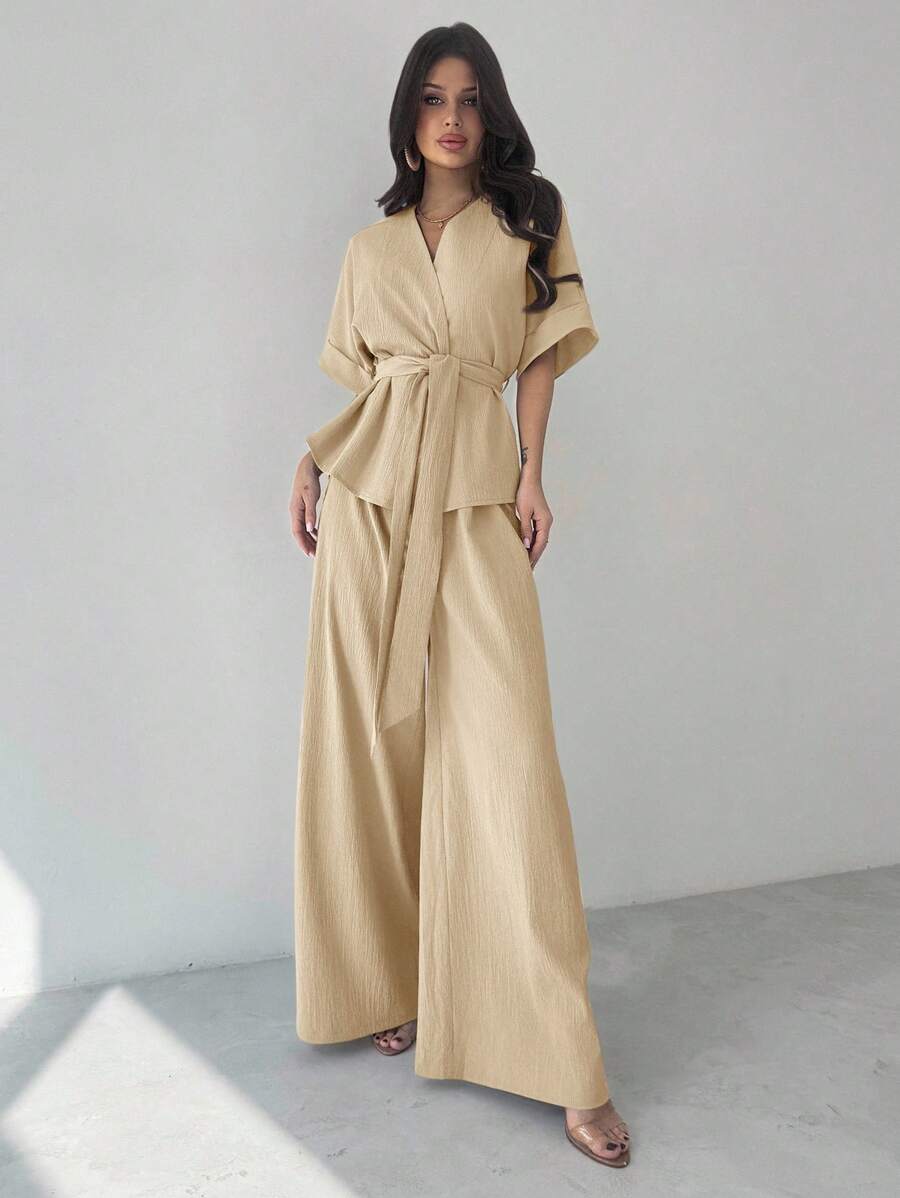 Firerie 女士优雅休闲度假通勤V领宽松收腰衬衫上衣搭配高腰阔腿裤2件套，适合春夏秋季休闲通勤套装宽松套装通勤优雅母亲节教师节工作装 - 卡其色 - 查看 1