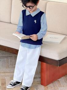 Genkimix Kids 2pcs/Set Boys' Striped Splice 2 In 1 Back To School Outfit, School Uniform, Children Back To School Clothing - Royal Blue - View 4