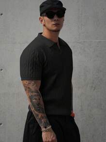DAZY Men's Polo Collar Textured Jacquard Knit Top, Spring/Summer - Black - View 3